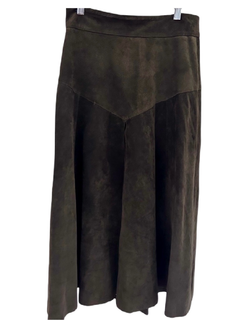 Vintage Olive Suede Leather A-Line Midi Skirt